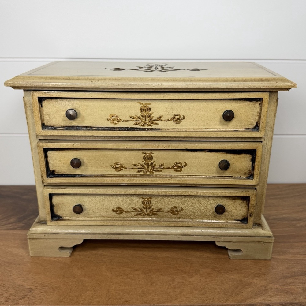 VTG Wooden Florentine Music Box Jewelry Trinket 3 Drawers MCM Japan Cottagecore‎